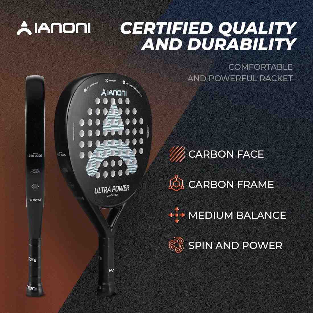 Premsons® Ultra Power Carbon Fiber Padel Racket – High Power Spin Paddle with EVA Core - Black & Light Blue