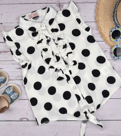 Premsons® Pretty in Polka Girls’ Sleeveless Floral Top with Tie Knot & Ruffle Detail – Casual Shirt with Pockets