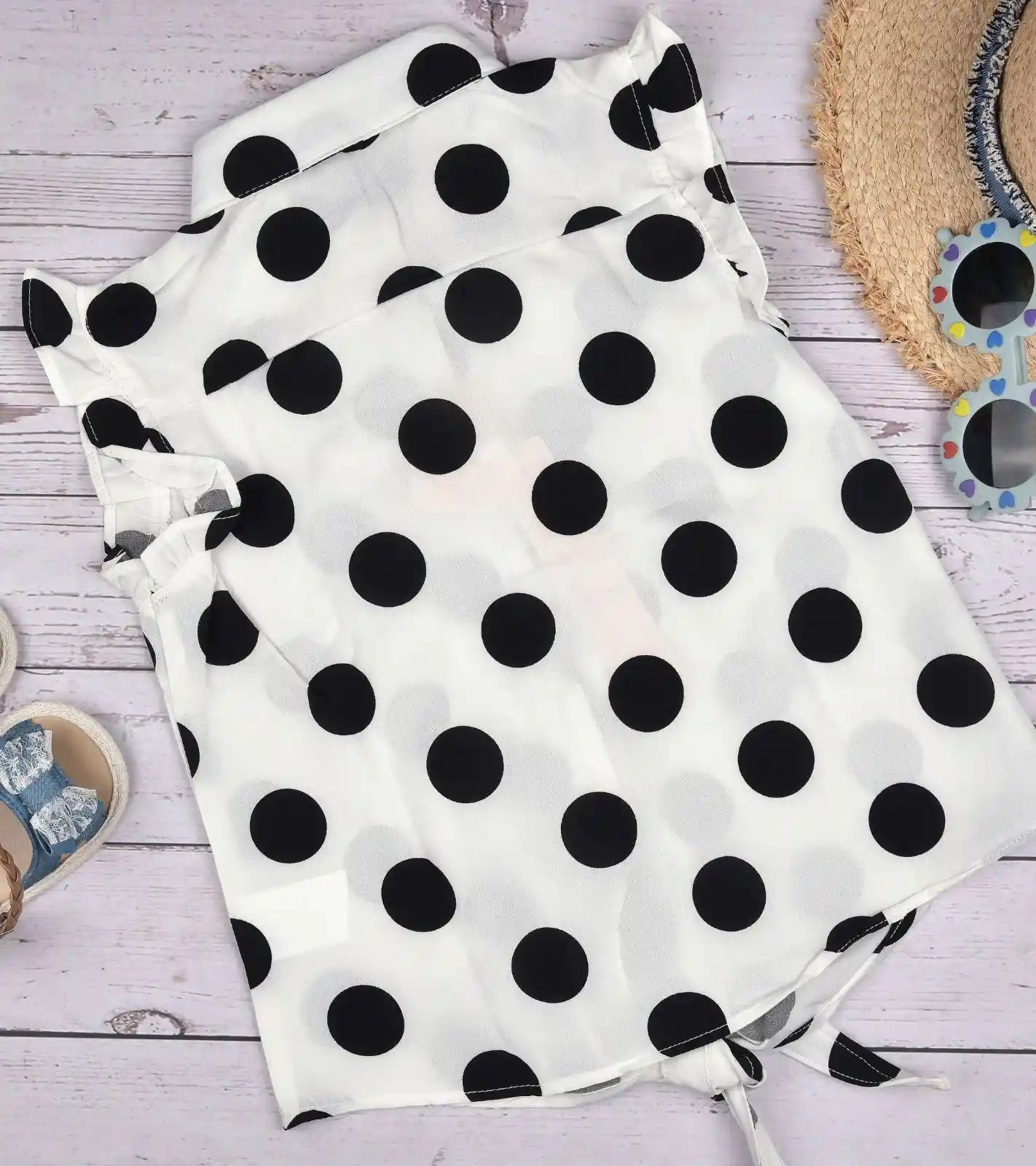 Premsons® Pretty in Polka Girls’ Sleeveless Floral Top with Tie Knot & Ruffle Detail – Casual Shirt with Pockets