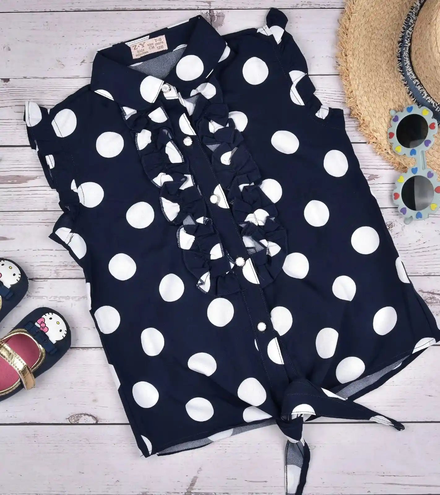 Premsons® Pretty in Polka Girls’ Sleeveless Floral Top with Tie Knot & Ruffle Detail – Casual Shirt with Pockets