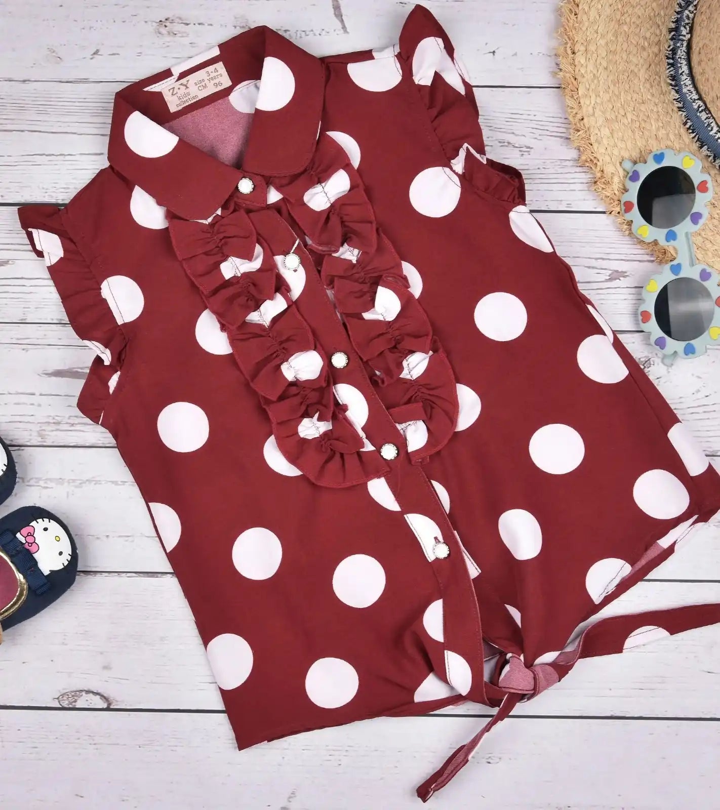 Premsons® Pretty in Polka Girls’ Sleeveless Floral Top with Tie Knot & Ruffle Detail – Casual Shirt with Pockets