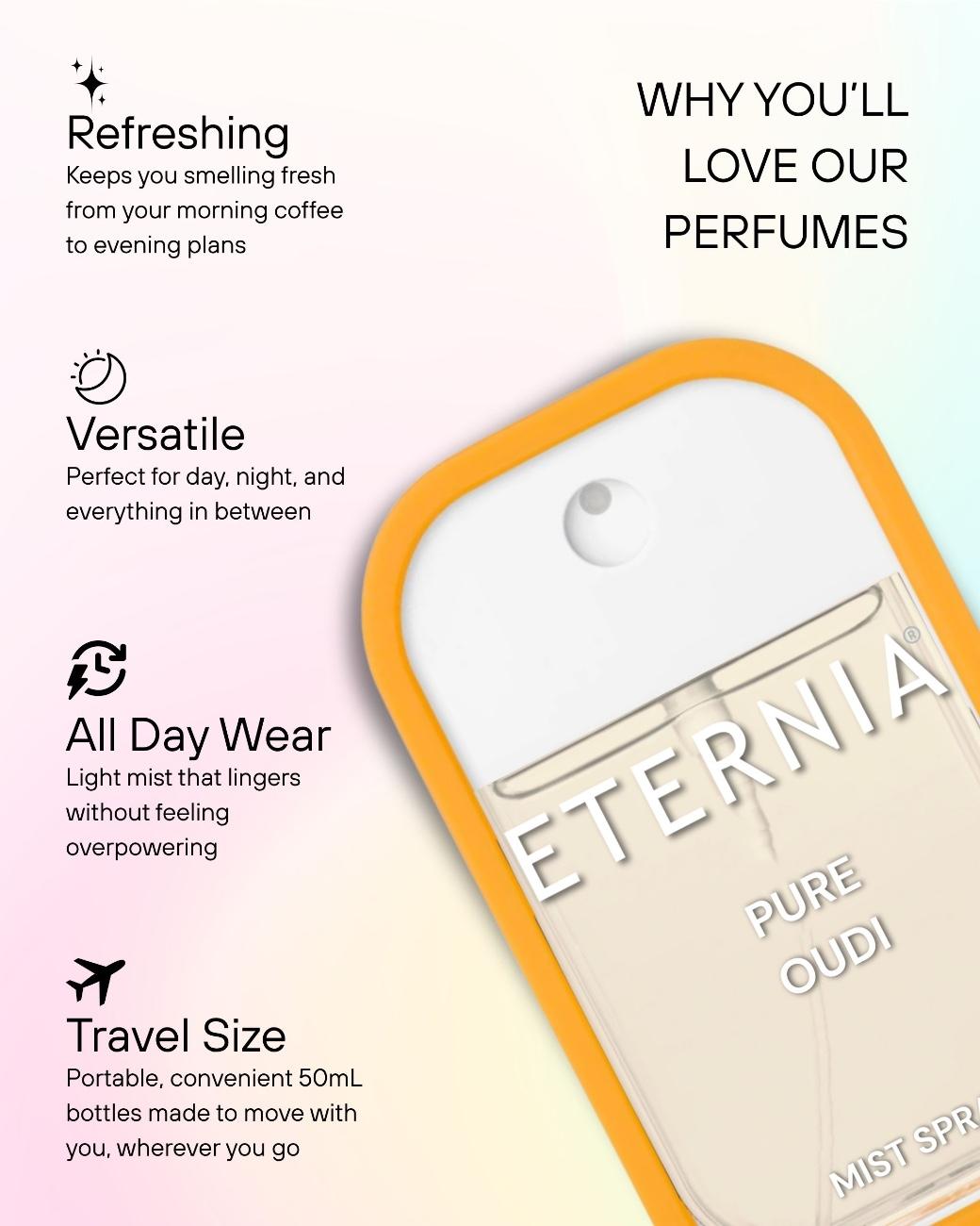 Eternia® Pure Oudi Perfume Mist Spray – Deep Oud, Spices & Amberwood | Long-Lasting 50ml Unisex Fragrance Spray