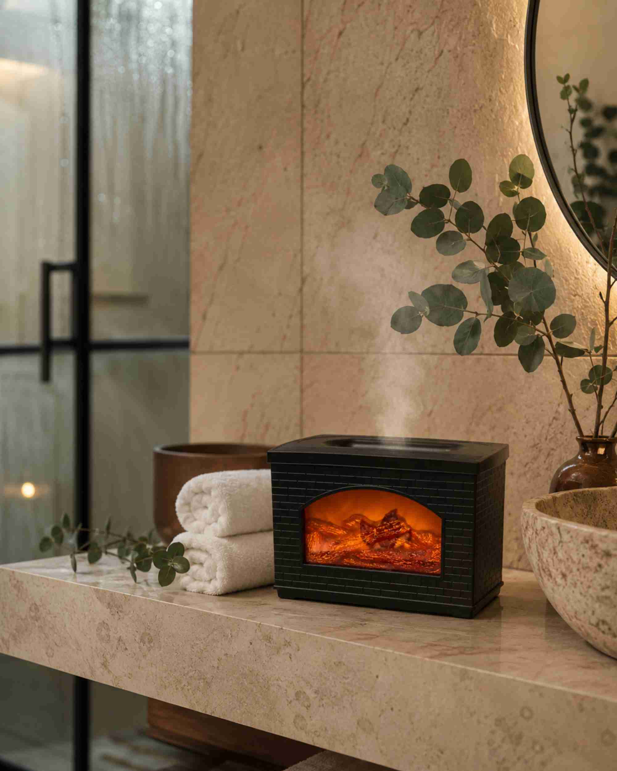 Compact black brick flame aroma diffuser on countertop with glowing orange flame window