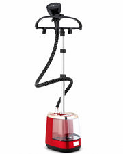 Portable garment steamer with black steam head, black hose, and red water tank