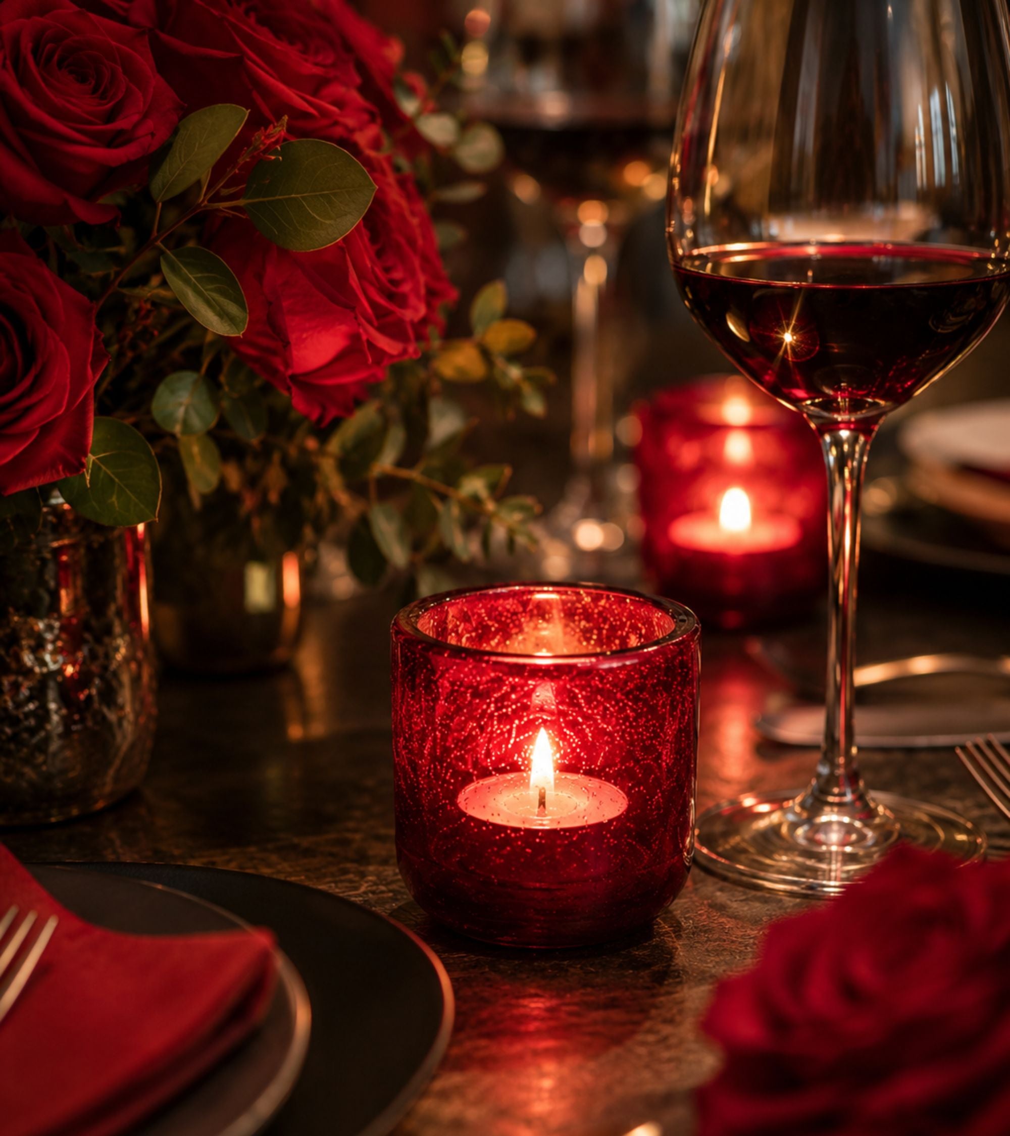 Red glass votive candle holder with lit tealight inside