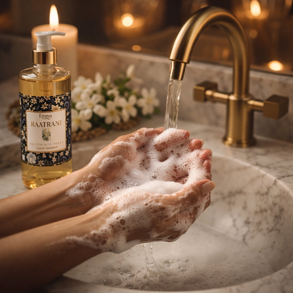 Hand washing with foamy liquid hand soap from a gold pump bottle