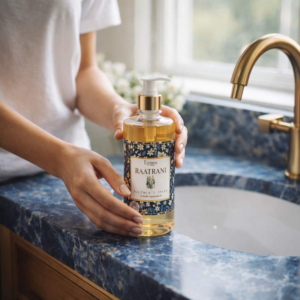 Liquid hand soap bottle with gold pump held near a bathroom sink