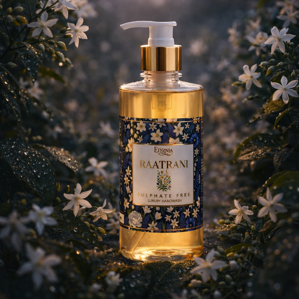 Eternia Raatrani sulphate-free luxury hand soap bottle with gold pump