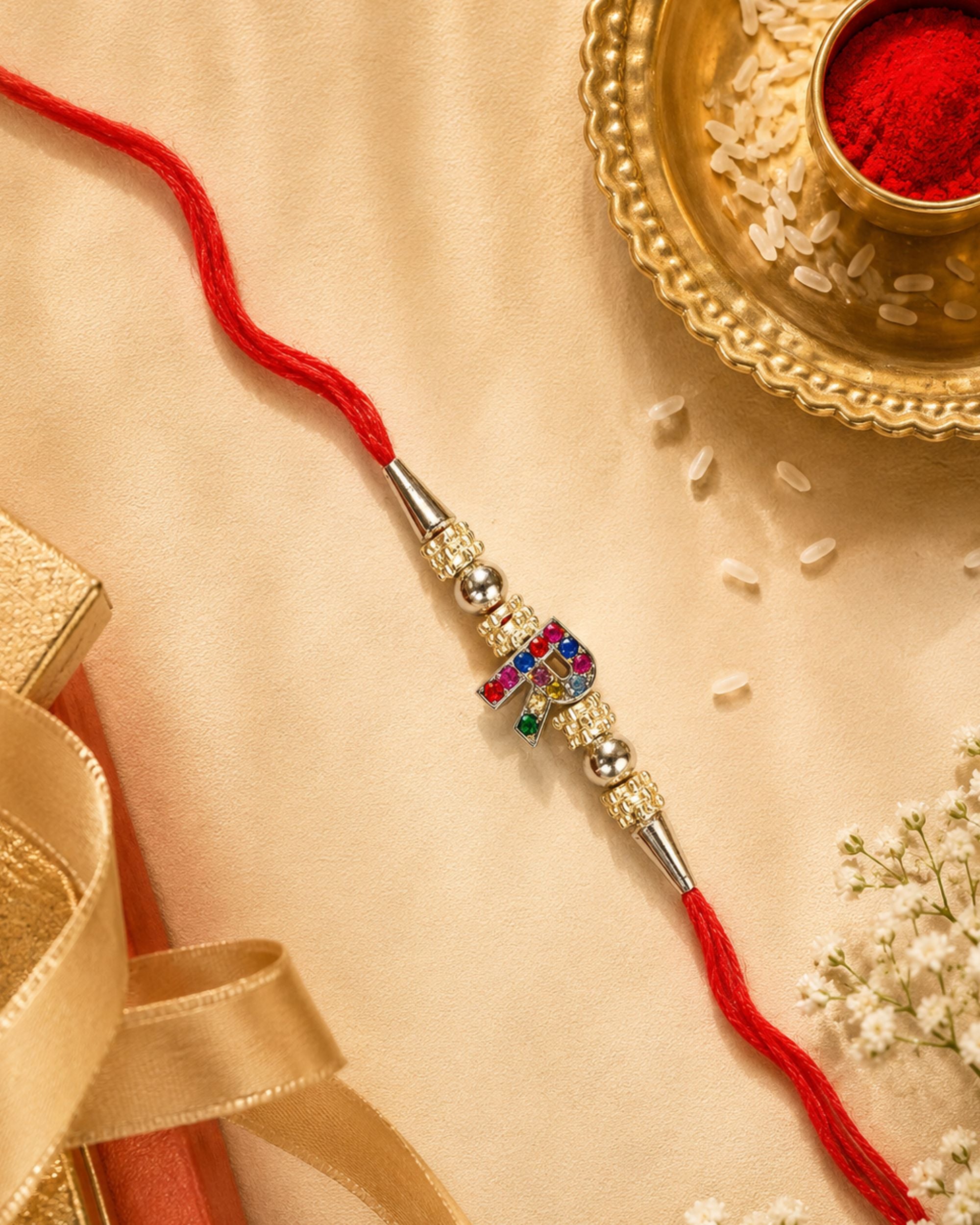 Premsons® Premium Alphabet Rakhi for Brother | Personalized Initial Letter Raksha Bandhan Rakhi with Multicolor Crystal Charm