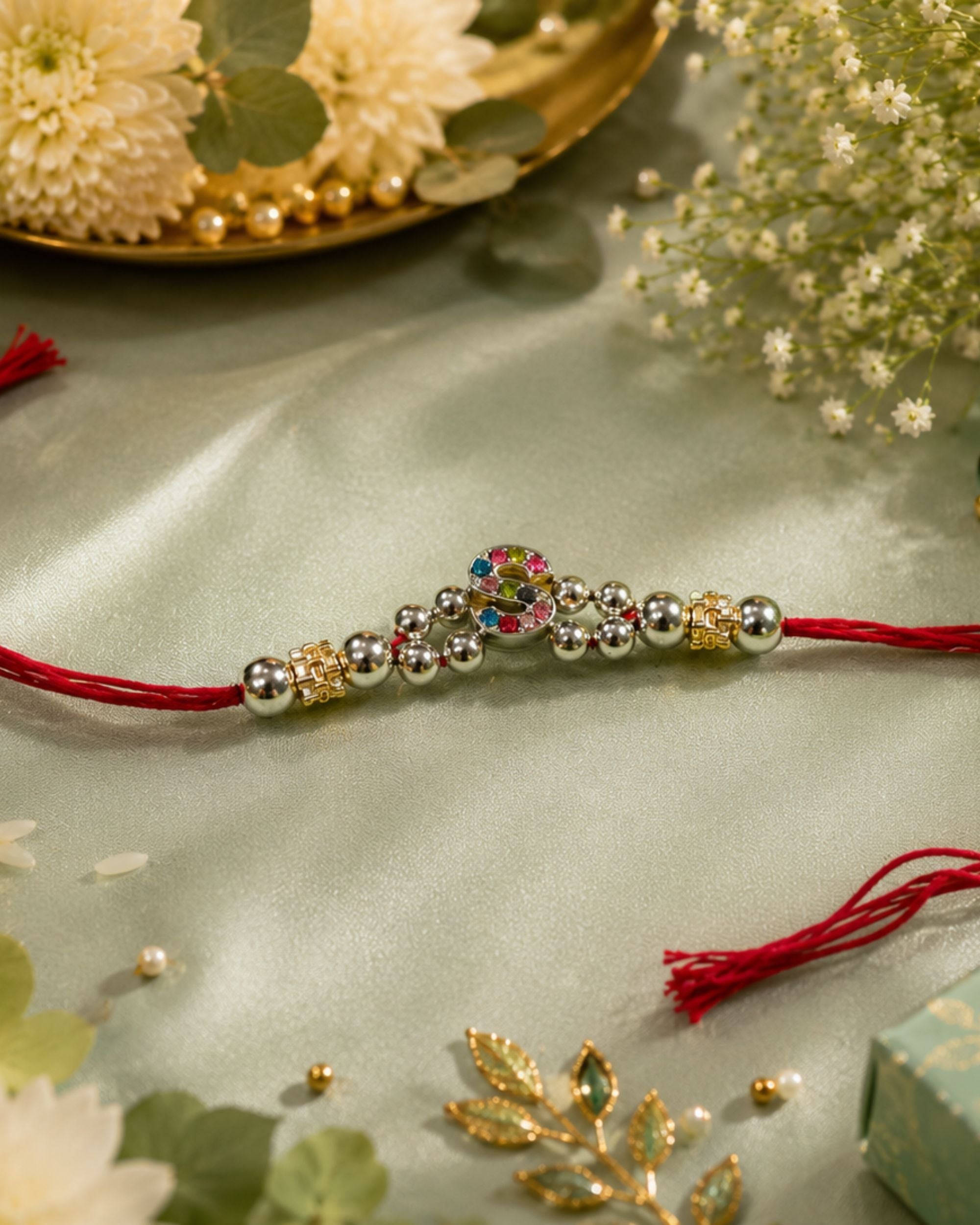 Premsons® Personalized Alphabet Rakhi – Red Thread Crystal Initial Rakhi for Brother