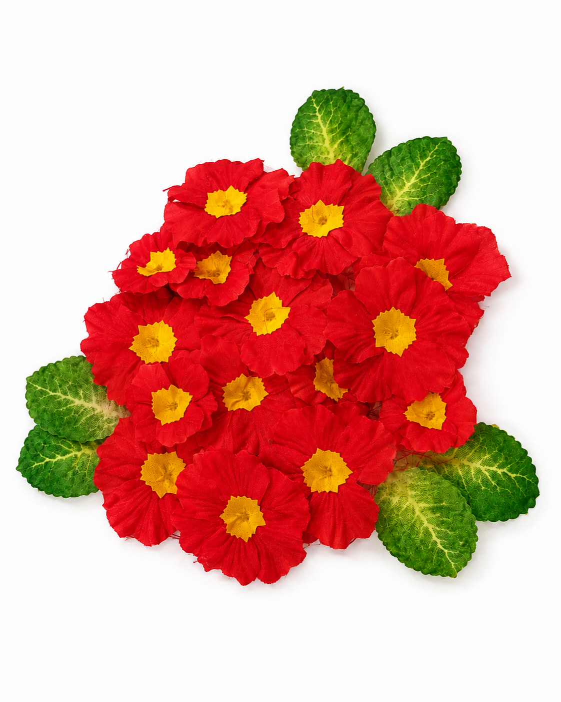 Red artificial floating flowers with yellow centers and green leaves for urli decor