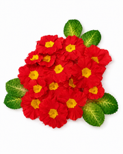 Red artificial floating flowers with yellow centers and green leaves for urli decor