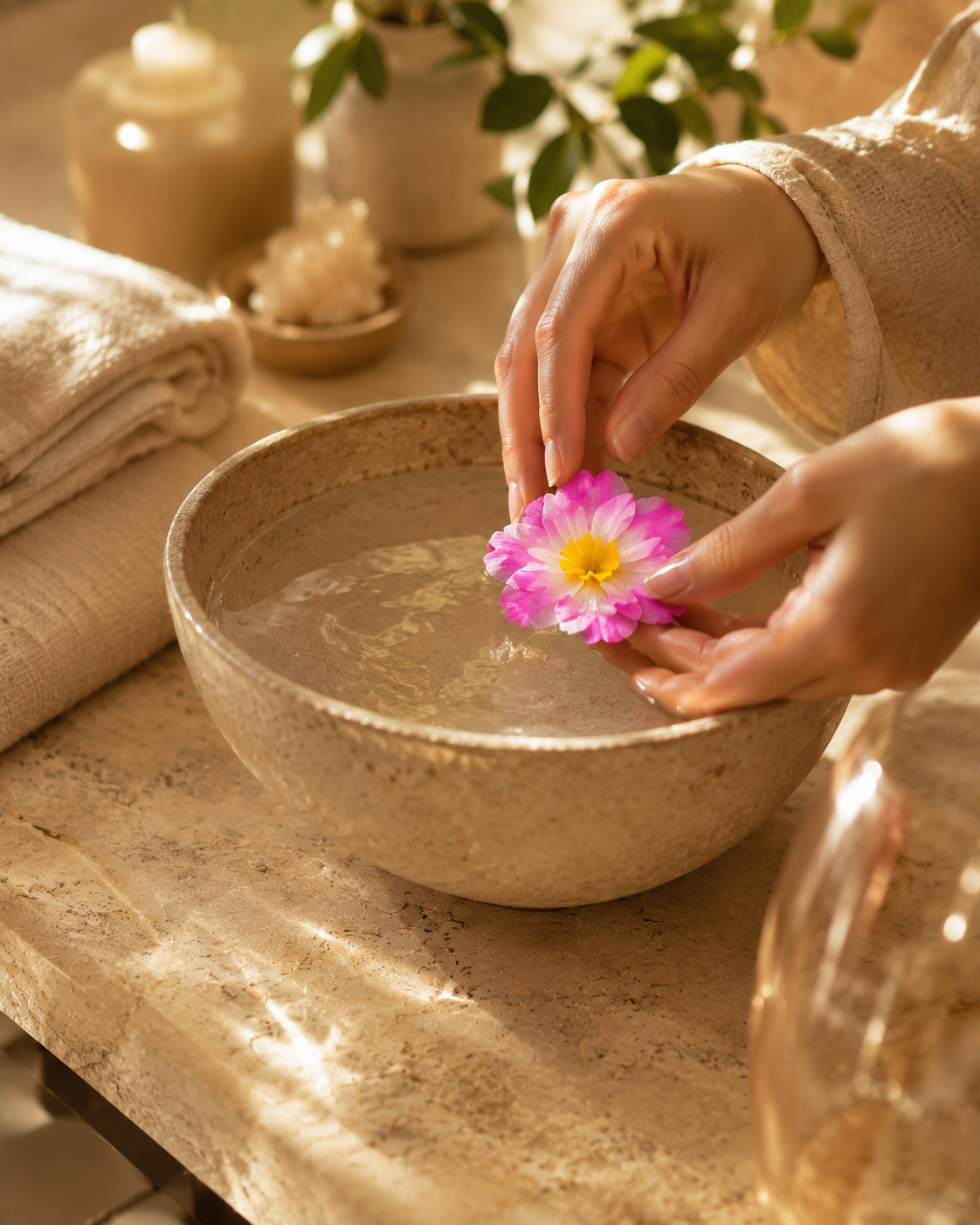 Artificial floating flower in a water bowl, pink and white blossom being placed by hands