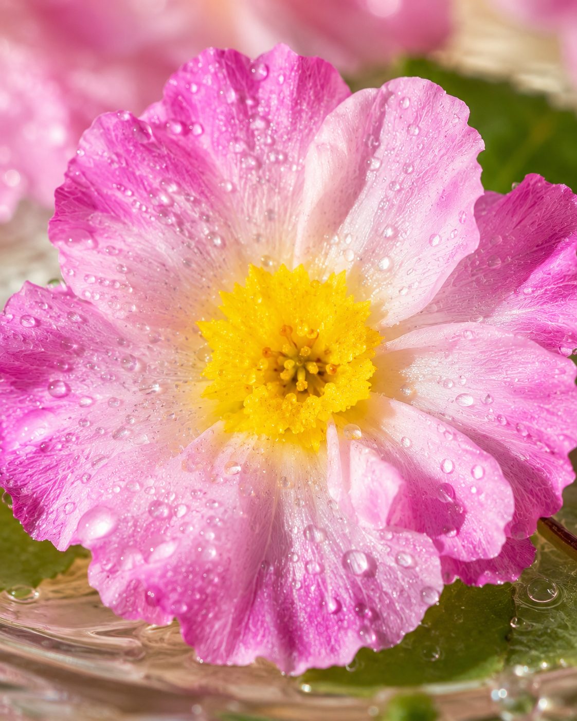 Pink and white artificial floating flower in water bowl, single daisy-style bloom
