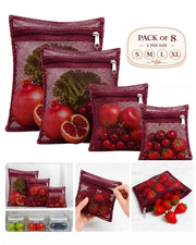 Maroon reusable mesh fridge storage bags with zip closures, set of 8 pieces