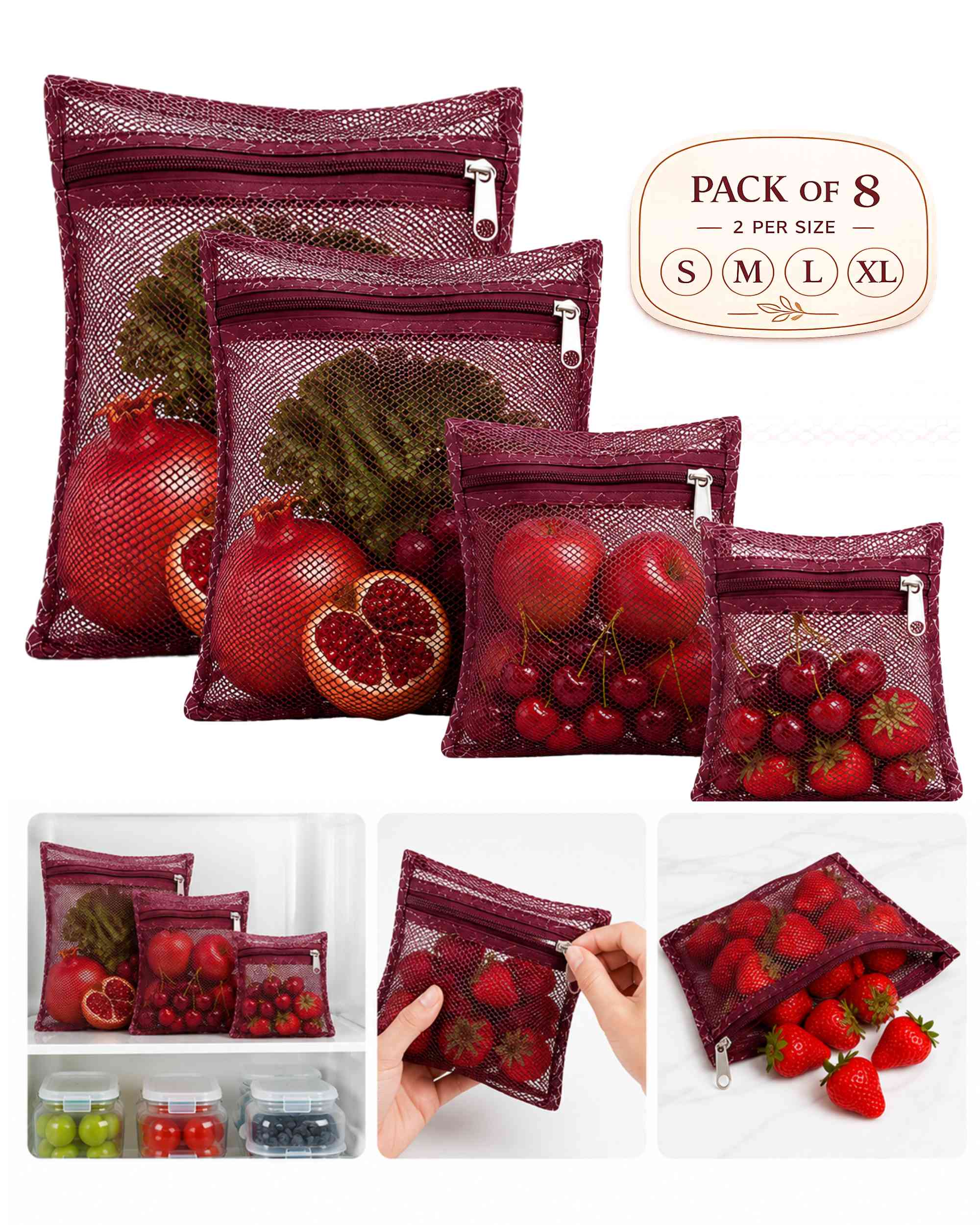 Maroon reusable mesh fridge storage bags with zip closures, set of 8 pieces