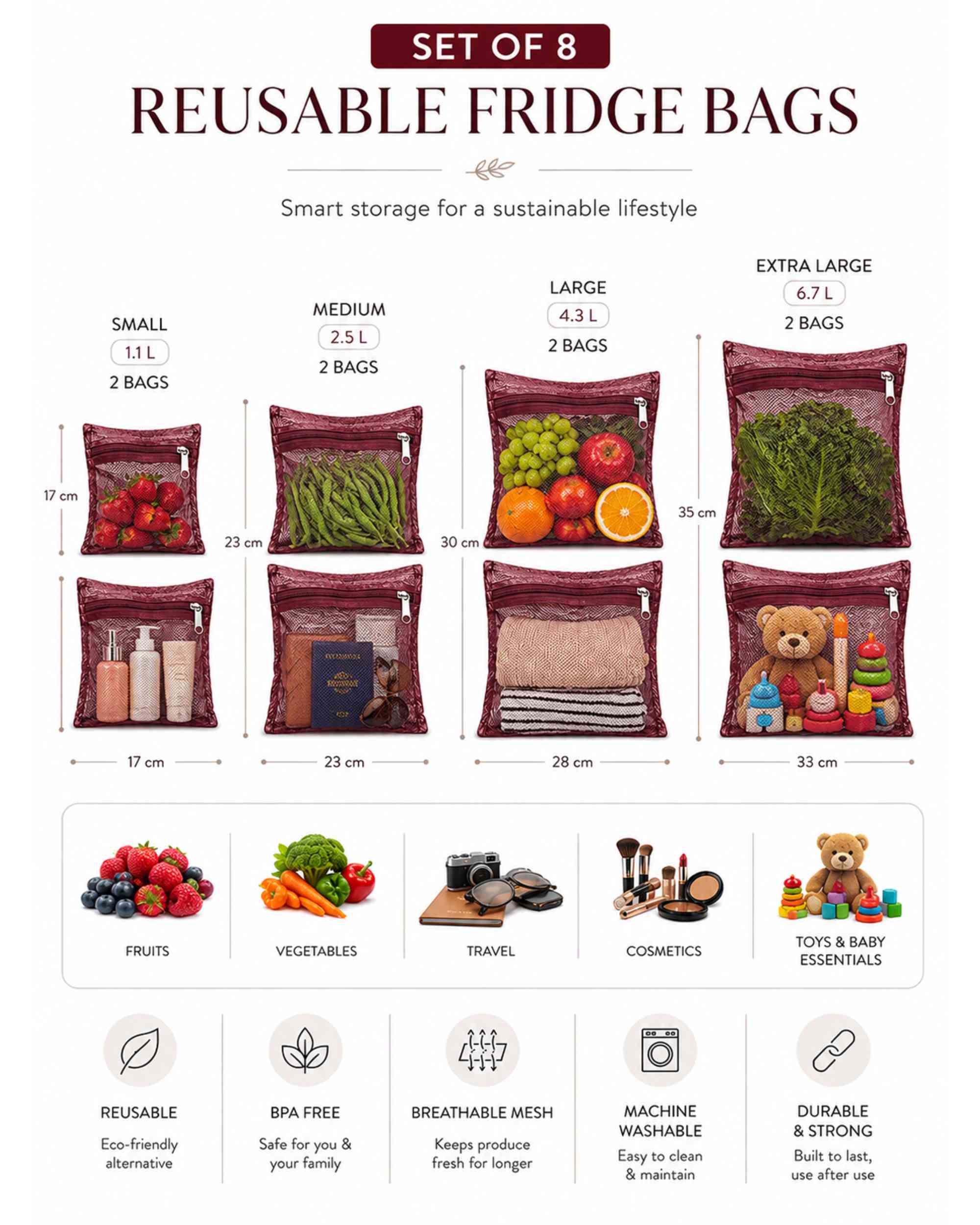 Reusable fridge bags size chart, set of 8 with small to extra large