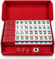 Red glitter mahjong tile set with dice and wind indicator, 152 tiles