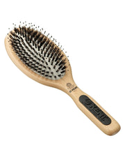 Beechwood cushion hair brush with natural bristles and nylon quills, oval pad.