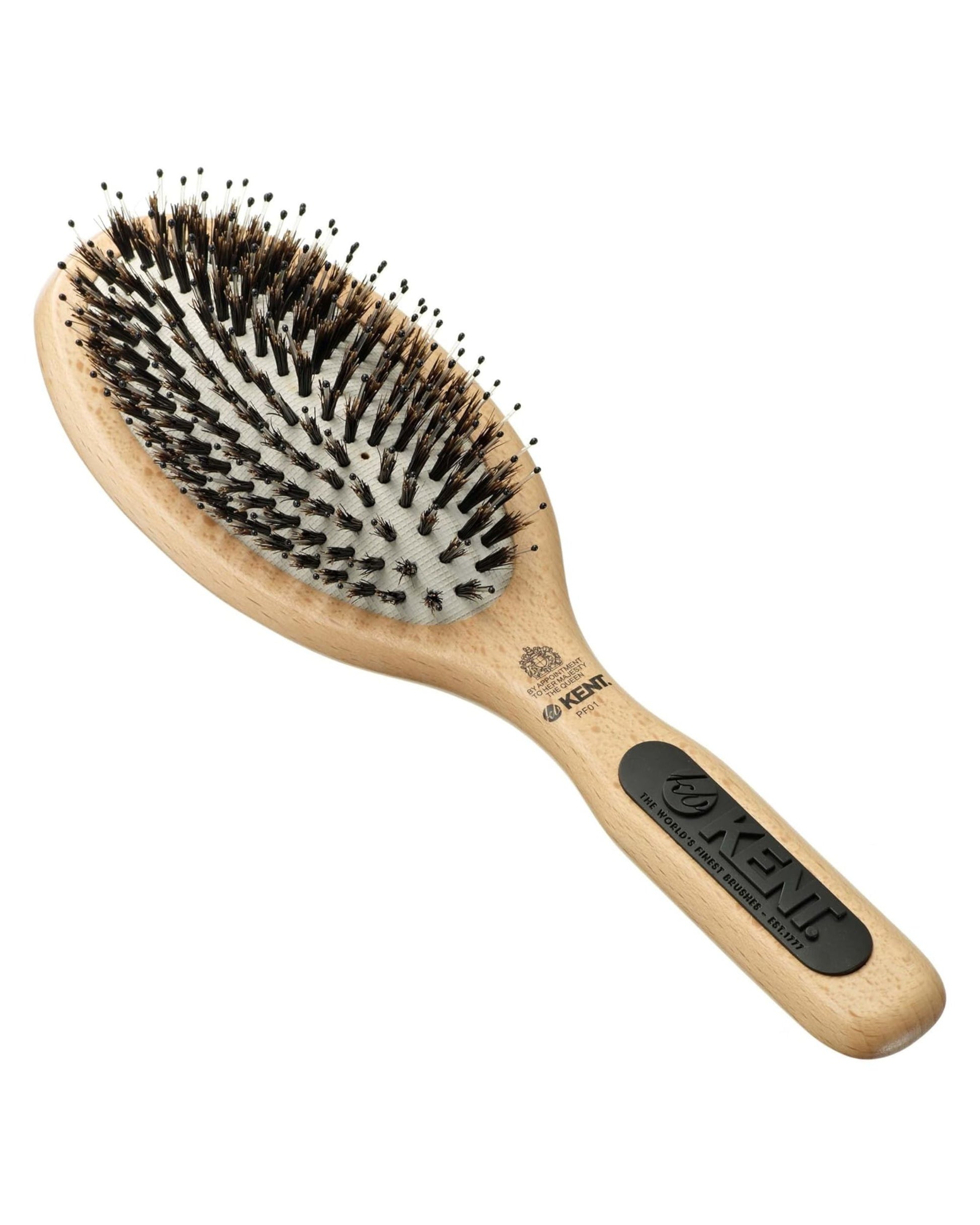 Beechwood cushion hair brush with natural bristles and nylon quills, oval pad.