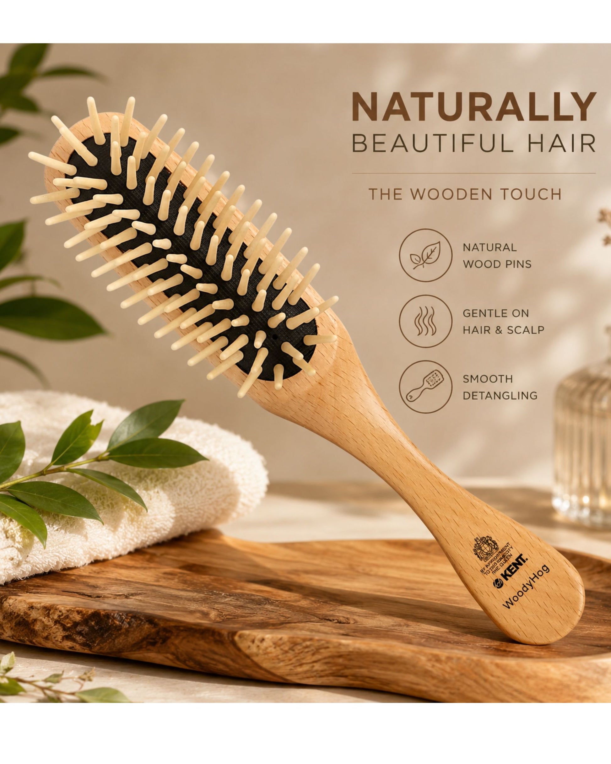 Wooden cushion hair brush with wide pins and curved wooden handle
