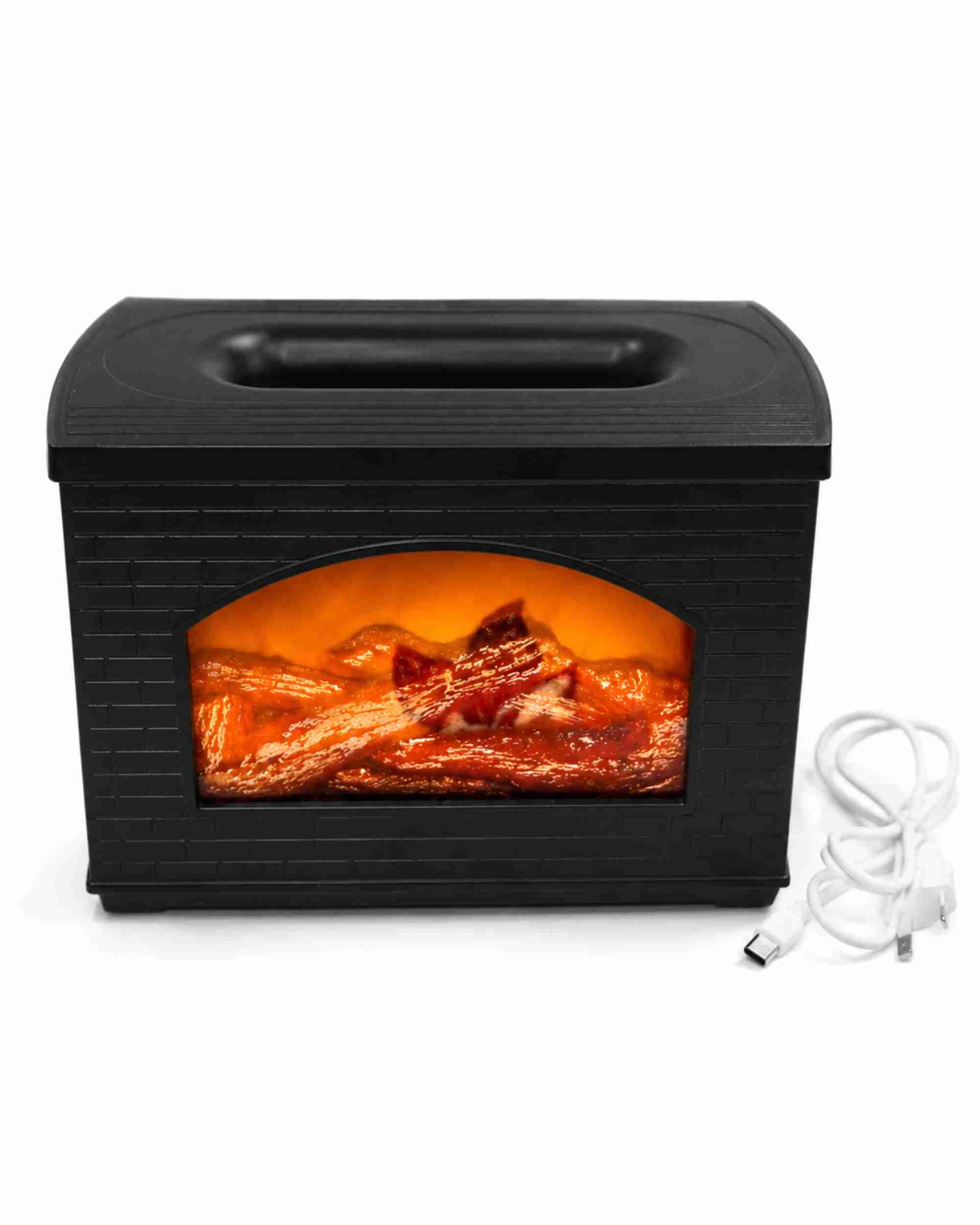 Black brick-style flame aroma diffuser with glowing orange log flame effect