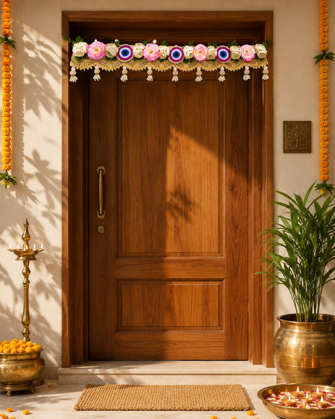 Floral toran door hanging with evil-eye motifs, pink flowers, and gold bead tassels