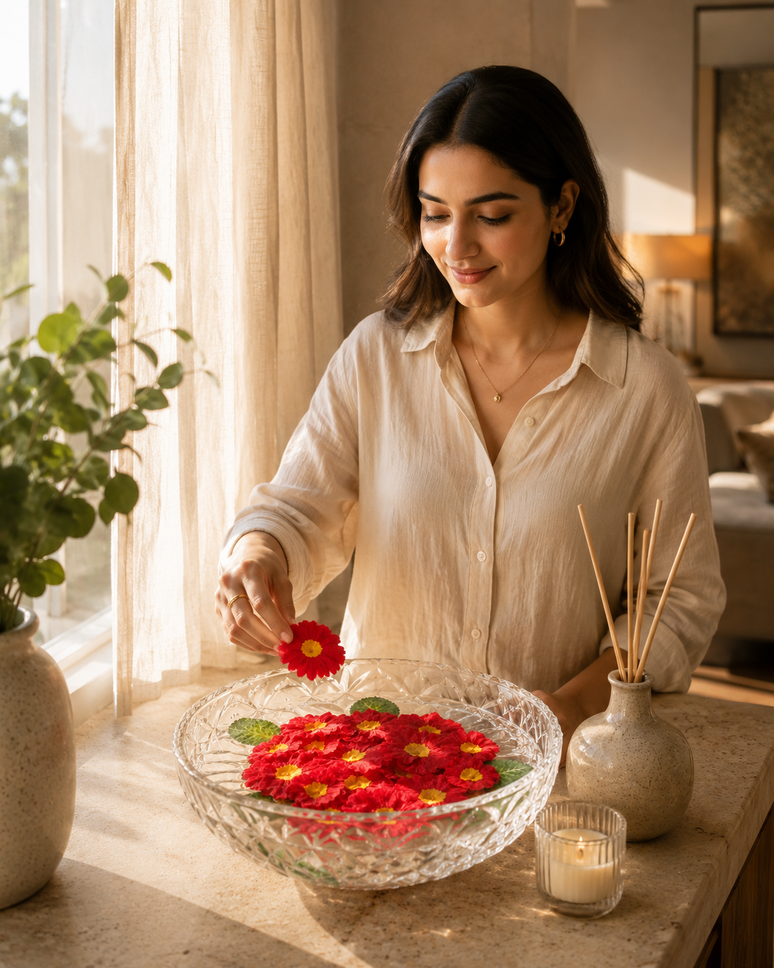 Red artificial floating flowers with yellow centers on a clear tray bowl