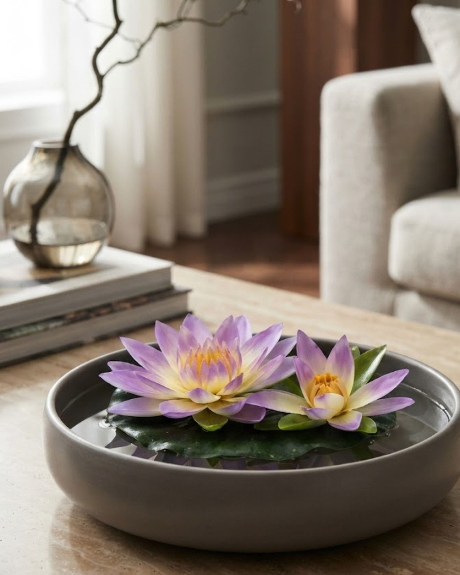 Purple lotus flowers floating on green lily pads in a gray bowl, set of 4