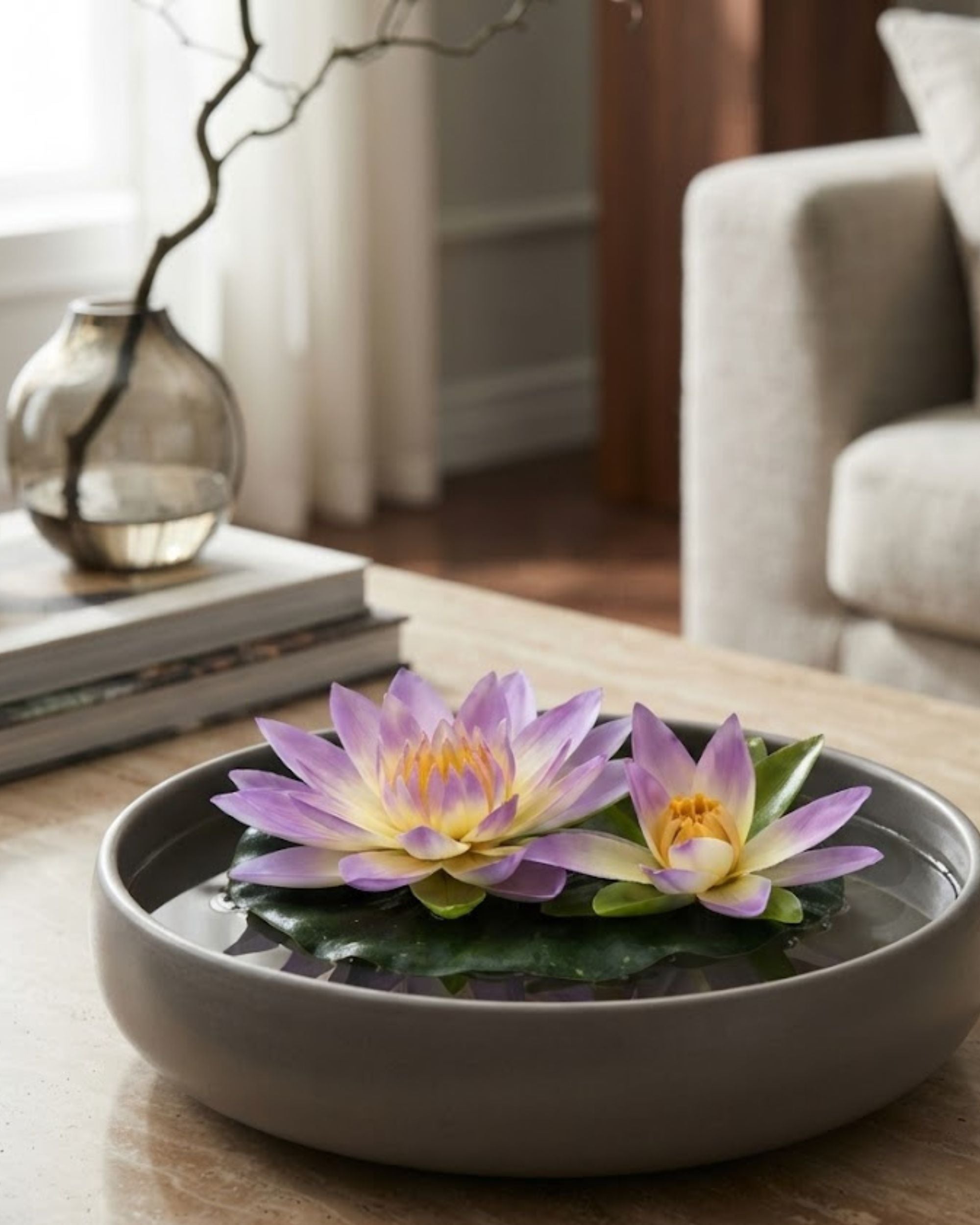 Purple lotus flowers floating on green lily pads in a gray bowl, set of 4