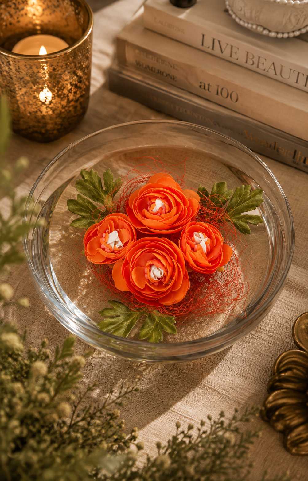Premsons® Decorative Floating Ranunculus Flowers (4FLS & 3LVS) with Tape – Elegant Home & Event Decoration (Pack of 4)