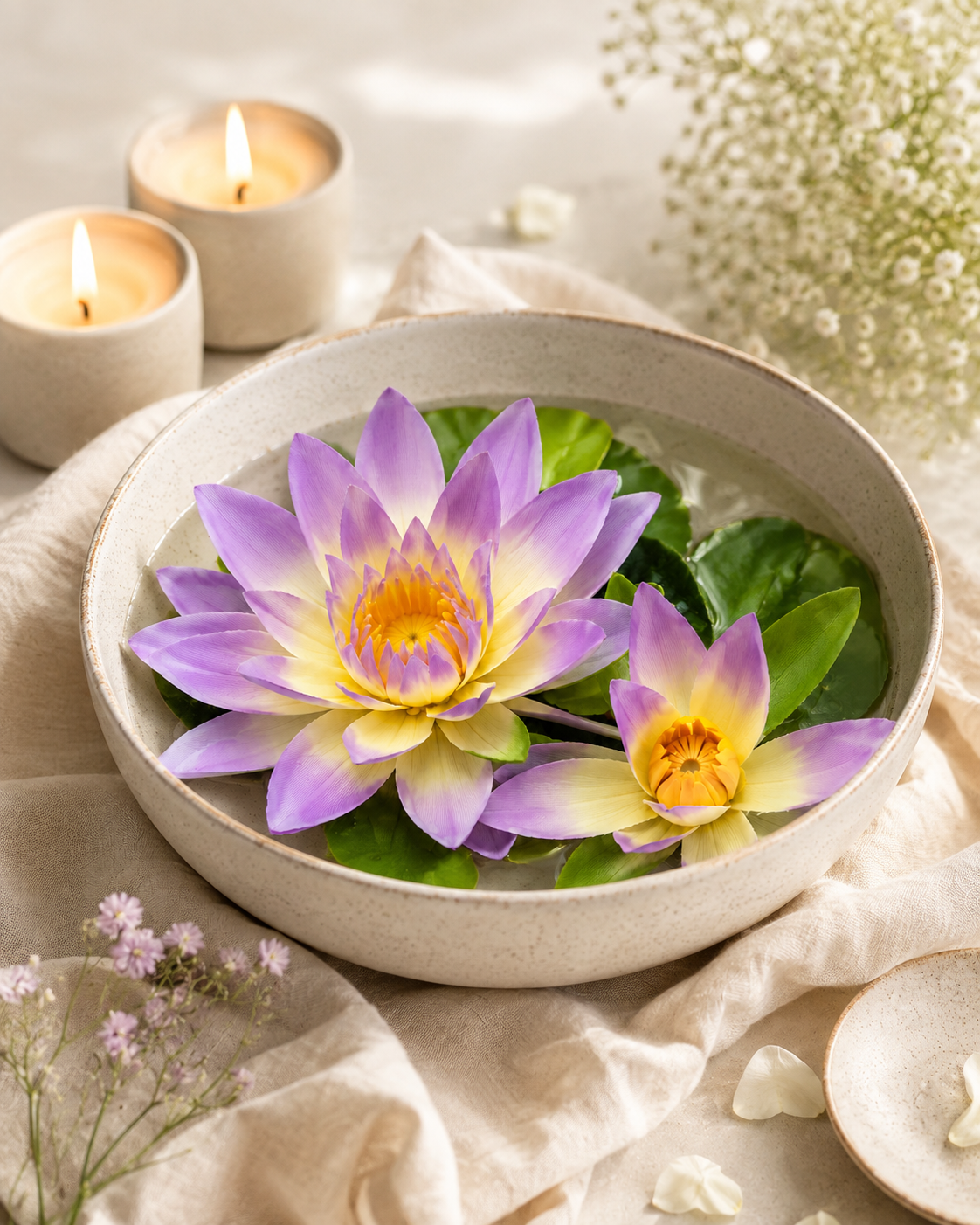 Purple lotus flowers floating on green lily pads in a bowl, set of 4