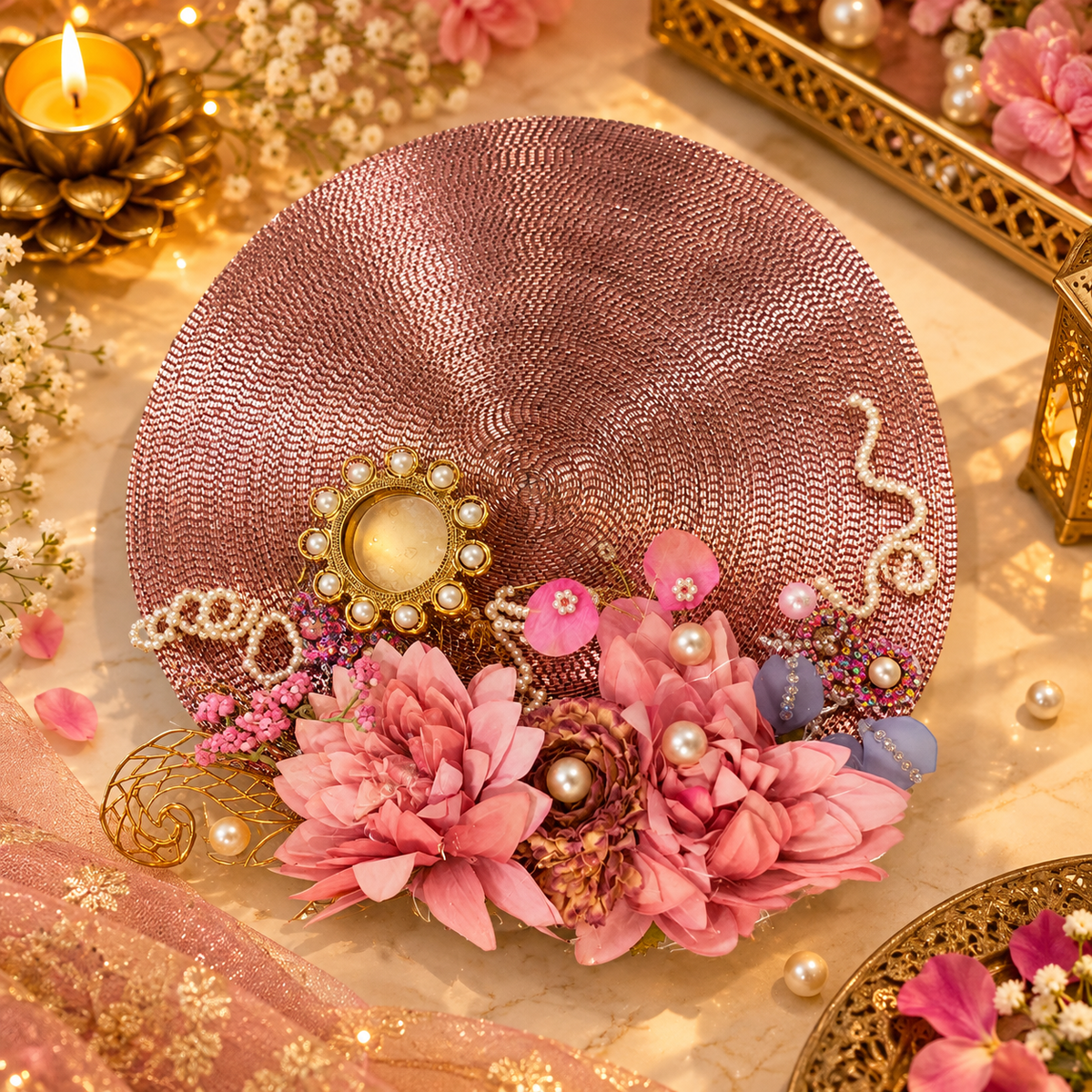 Pink beaded pooja thali plate with pearl and floral embellishments