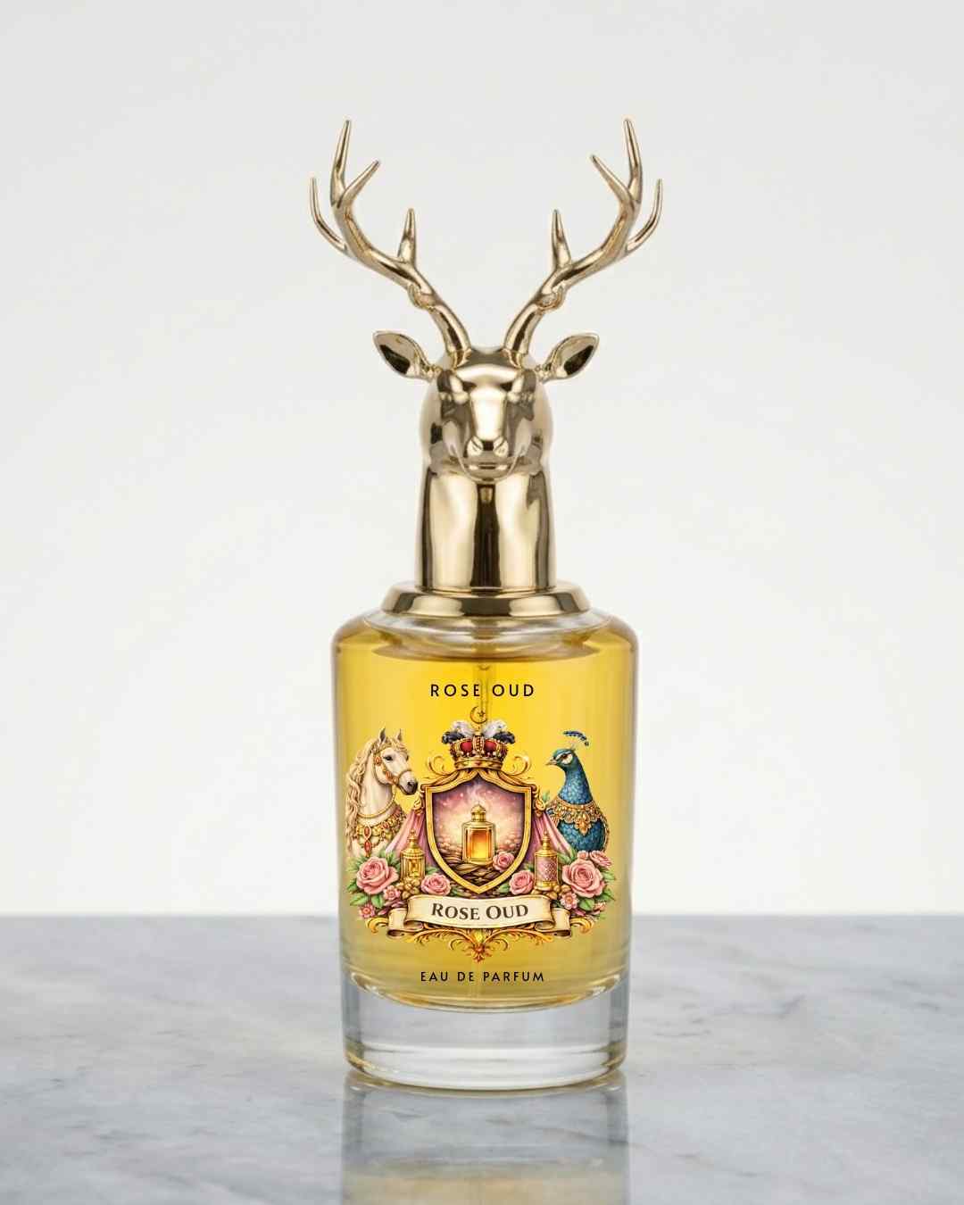 Eternia® Rose Oud eau de parfum bottle with gold deer-crown cap