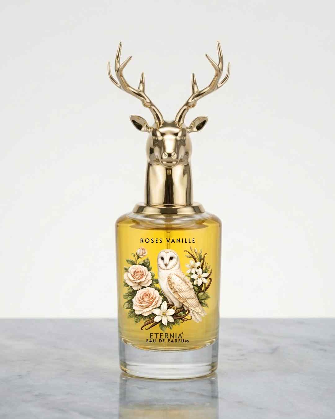 Eau de parfum bottle with gold deer head cap; amber glass and Roses Vanille label