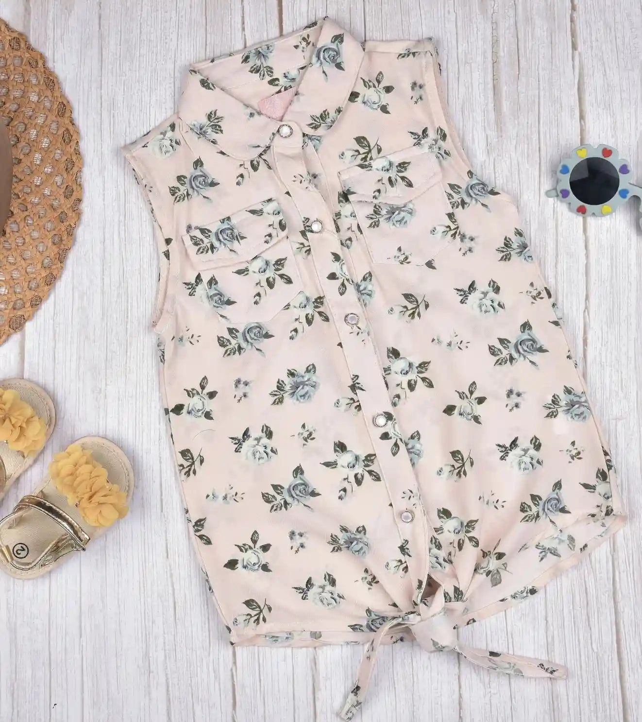 Premsons® Rosy Days Girls’ Sleeveless Floral Top with Tie Knot & Ruffle Detail – Casual Shirt with Pockets