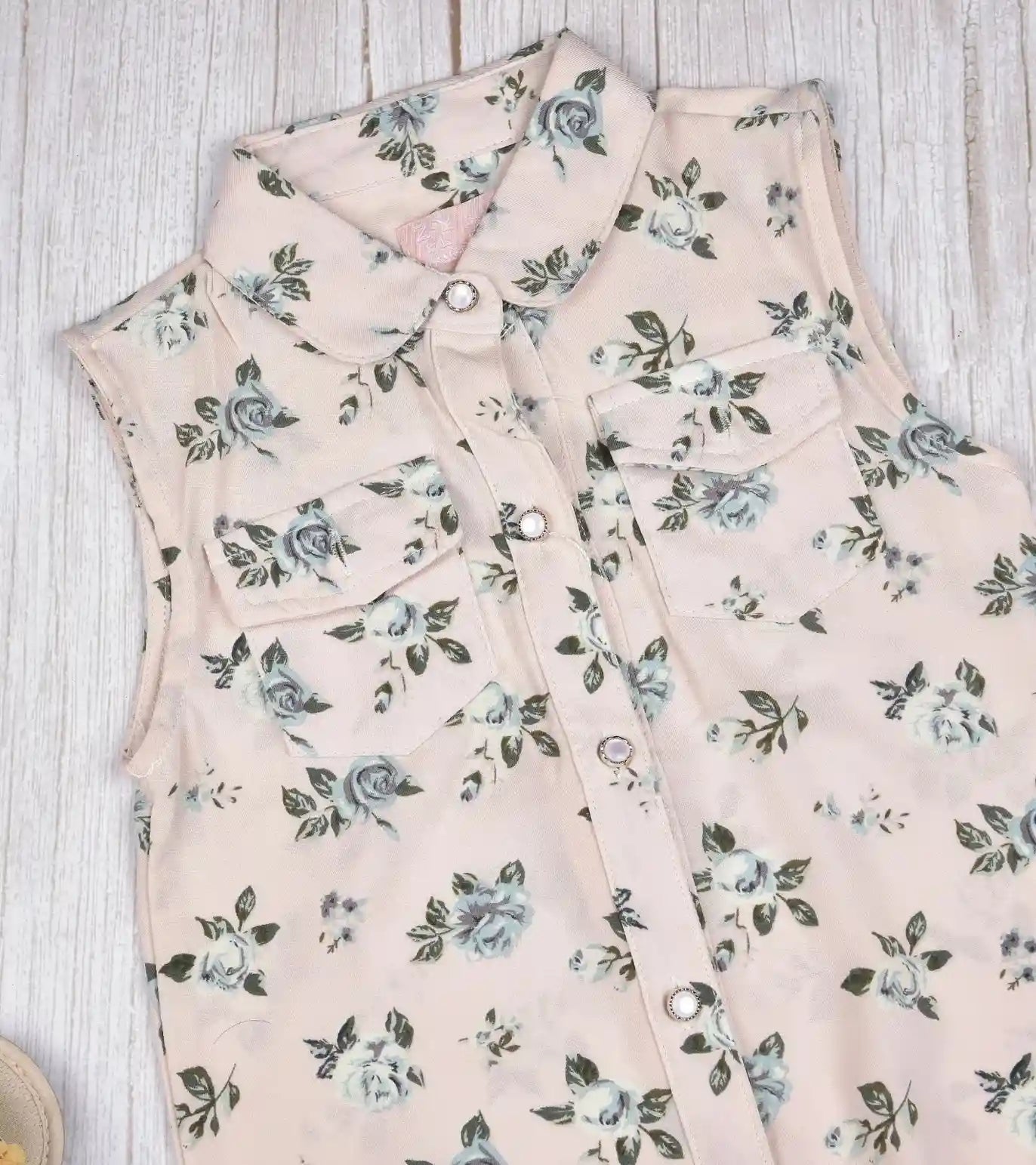 Premsons® Rosy Days Girls’ Sleeveless Floral Top with Tie Knot & Ruffle Detail – Casual Shirt with Pockets