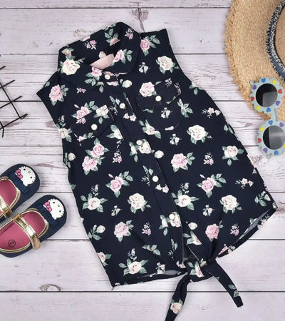 Premsons® Rosy Days Girls’ Sleeveless Floral Top with Tie Knot & Ruffle Detail – Casual Shirt with Pockets