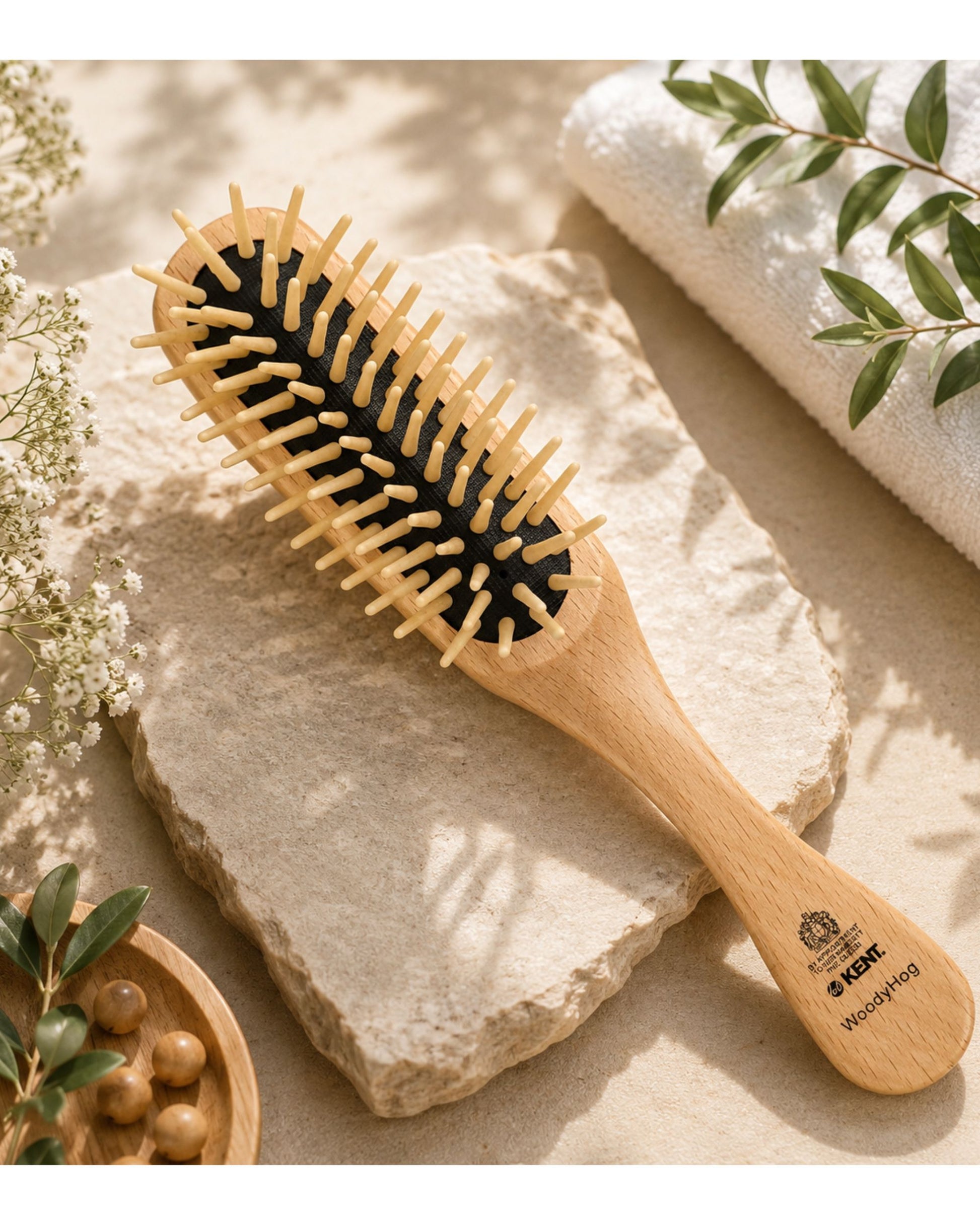 Wooden cushion hair brush with wide wooden pins and natural handle