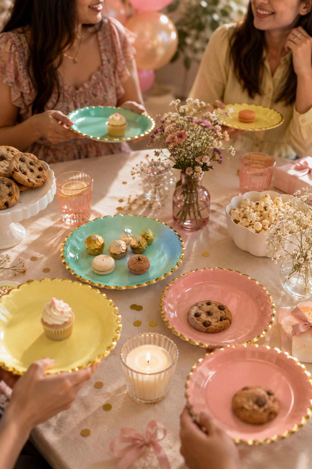 Premsons® Pastel Scalloped Gold Edge Disposable Party Plates – Pink, Yellow & Green (set of 4) (Pack of 2)