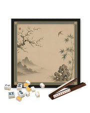 Square tabletop mat with anti-slip rubber backing, beige Asian landscape print