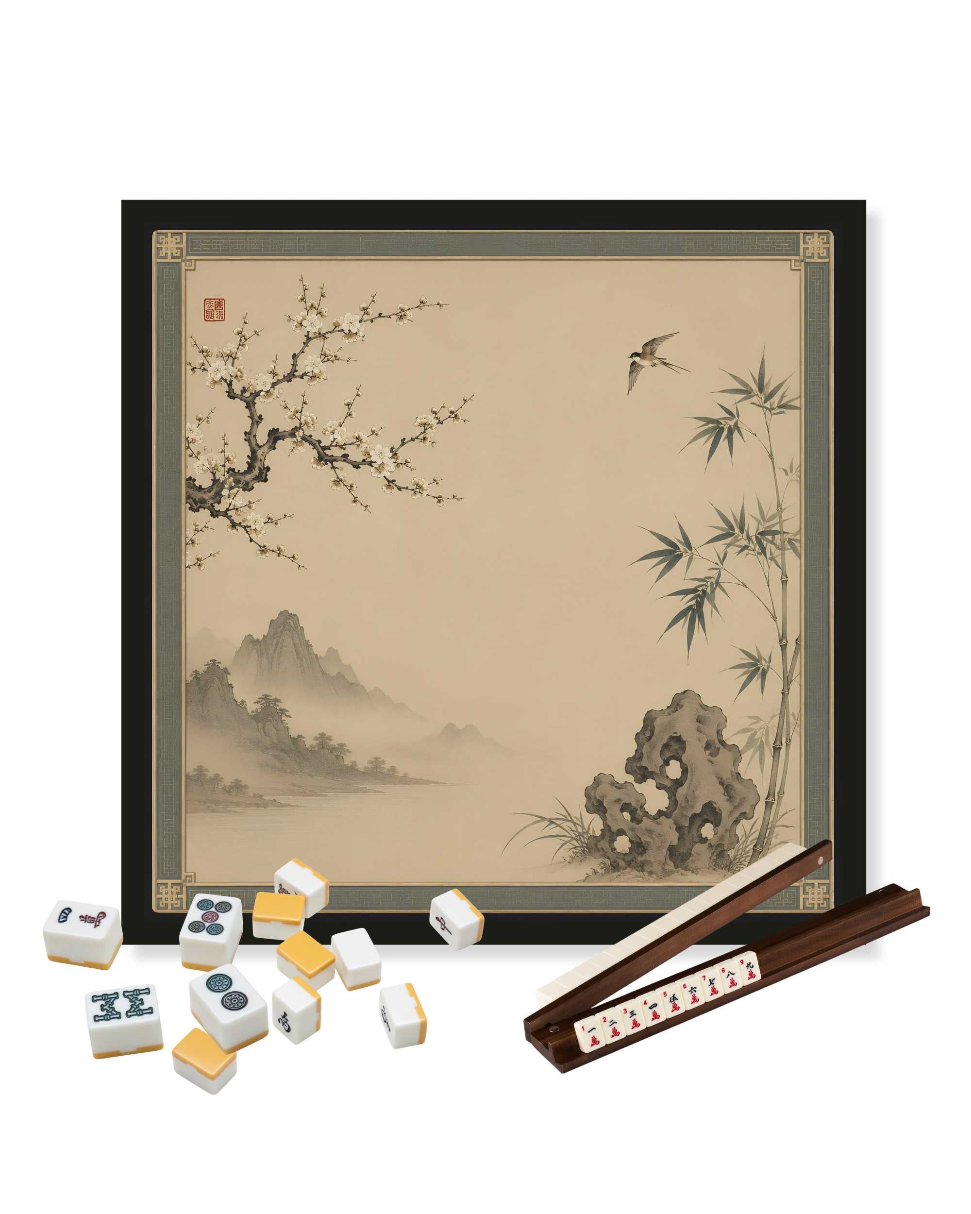 Square tabletop mat with anti-slip rubber backing, beige Asian landscape print