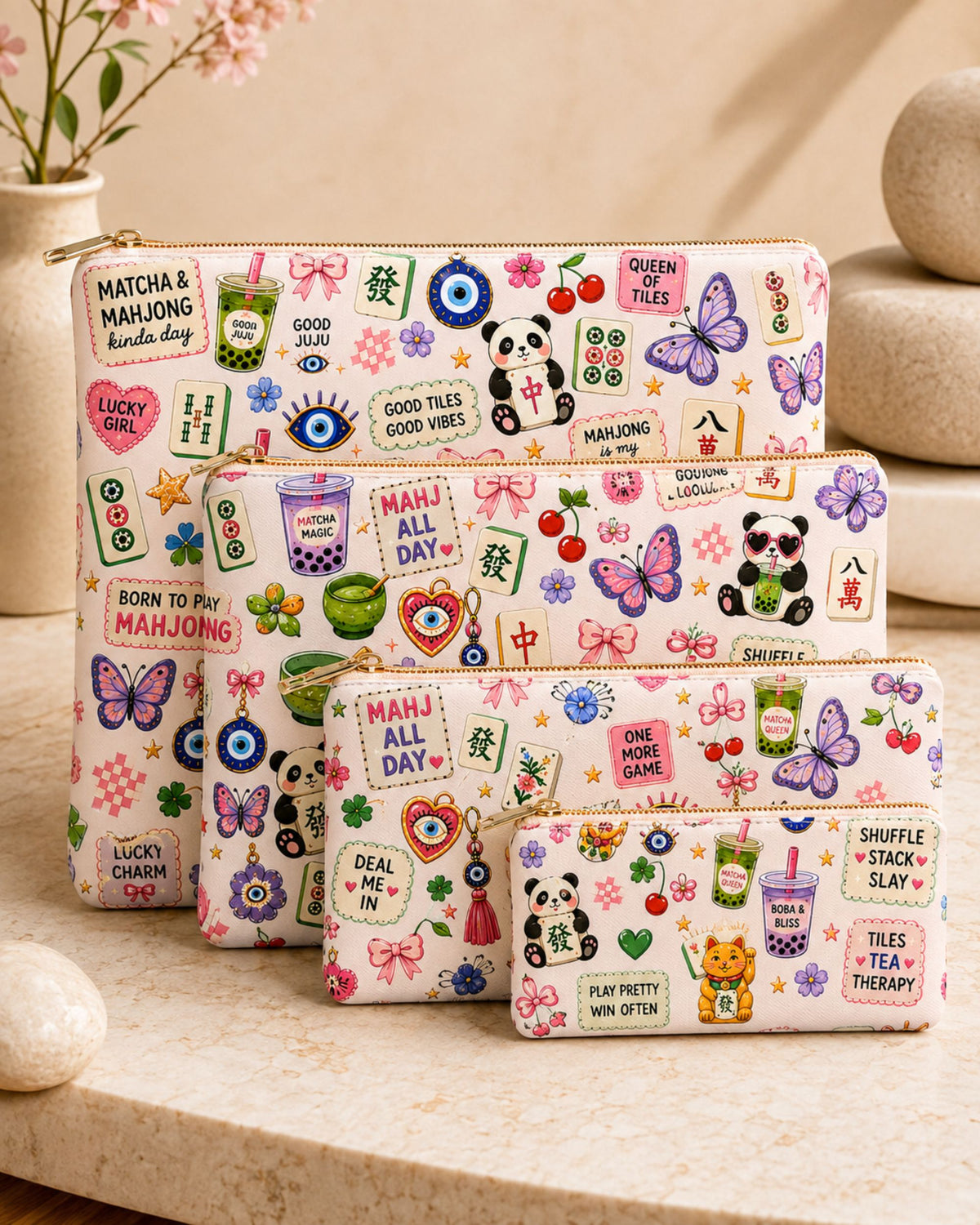 Premsons® Matcha & Mahjong Vegan Leather Zipper Pouch – Multipurpose Organiser – S, M, L & XL