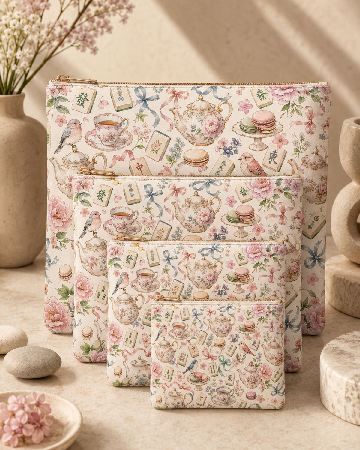 Premsons® Tea Party Vegan Leather Zipper Pouch – Multipurpose Organiser – S, M, L & XL