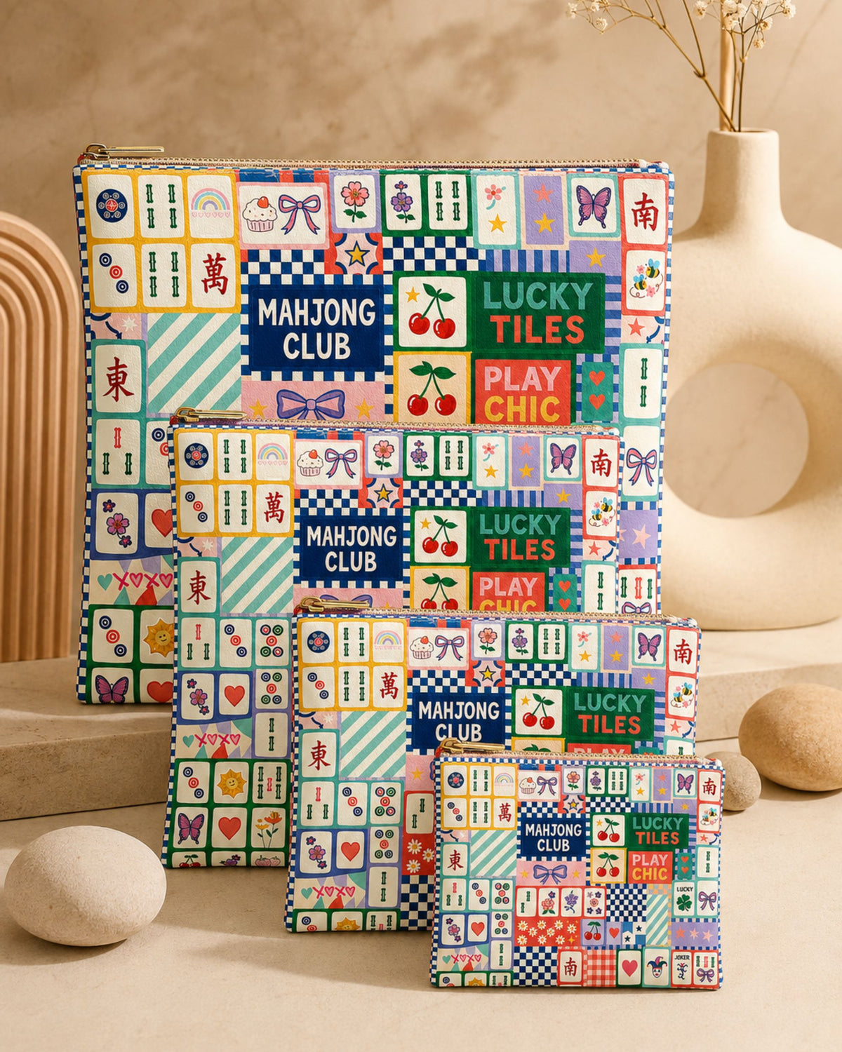 Vegan leatherette pouch set with zip-top, colorful Mahjong Club tile print
