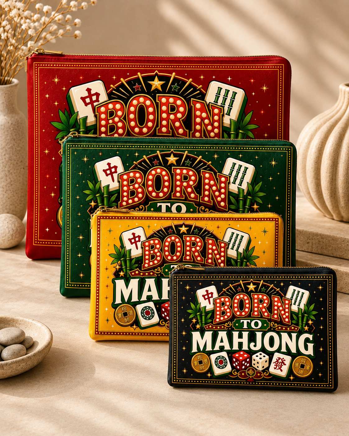 Premsons® Born to Mahjong Vegan Leather Zipper Pouch – Multipurpose Organiser – S, M, L & XL