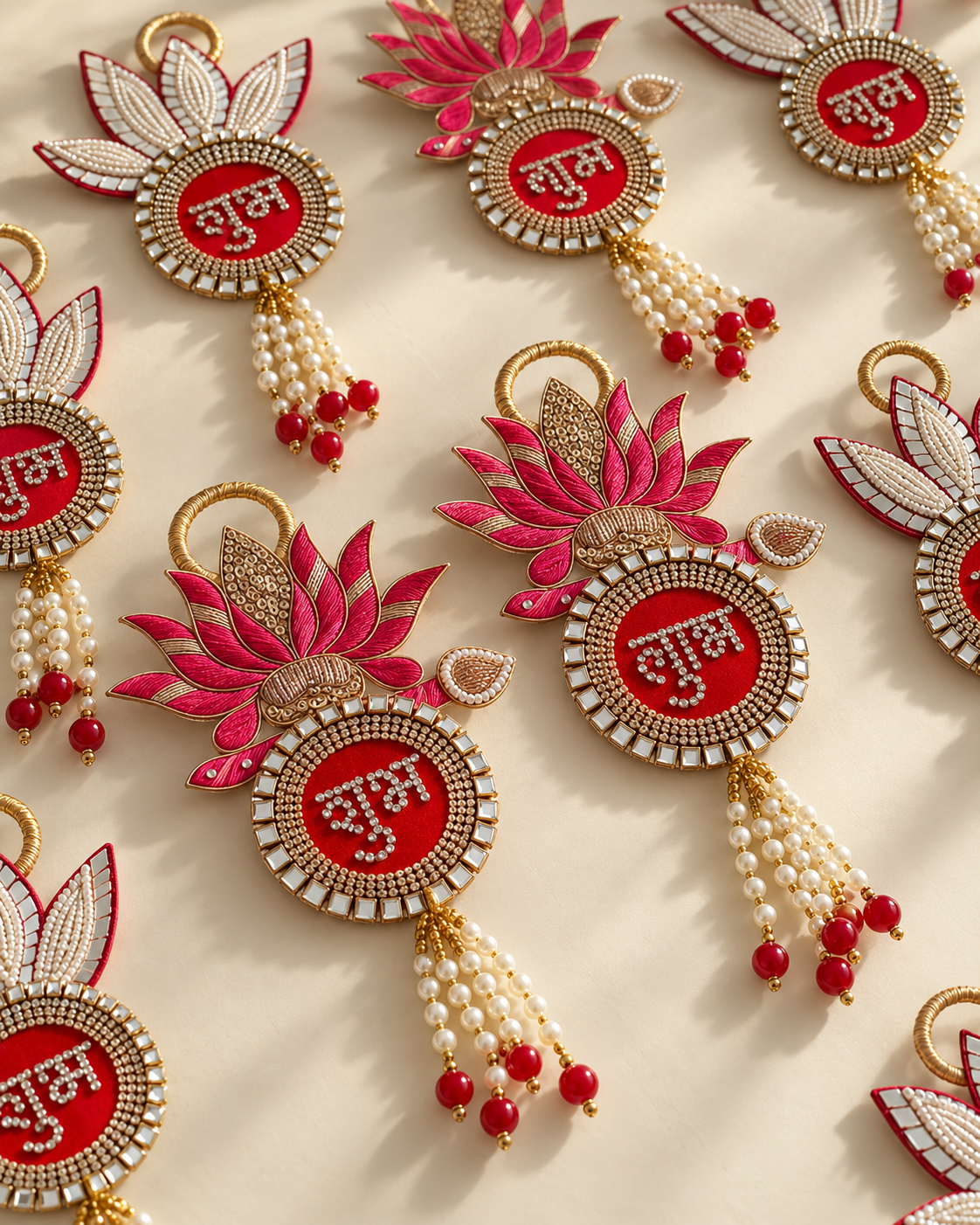 Premsons® festive hanging toran with red lotus motifs, gold embellishments, and pearl bead tassels