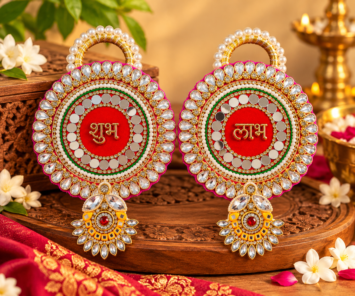 Premsons Shubh Labh Hanging with Shreenathji Design, Pearl Tassels & Mirror Work