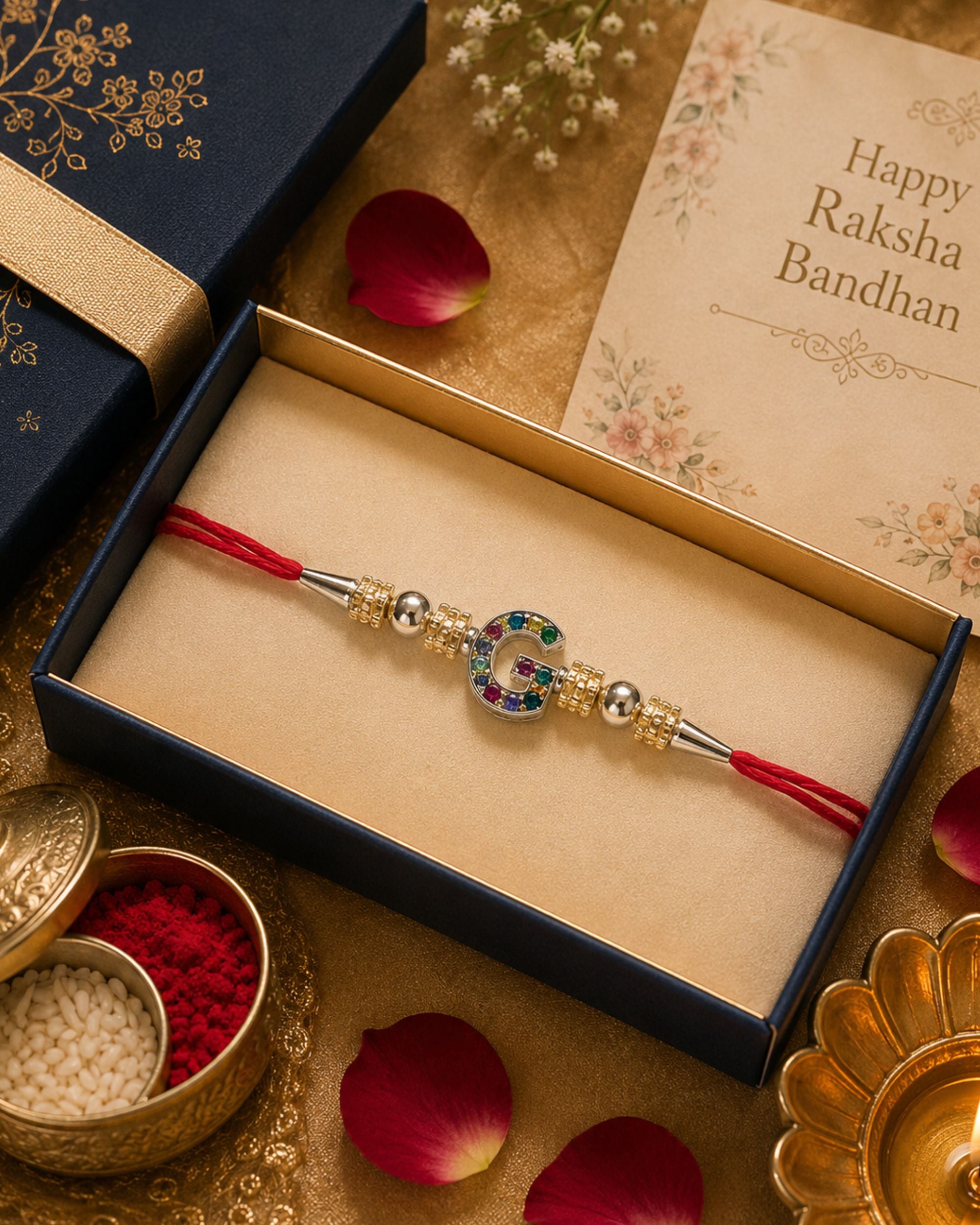 Premsons® Premium Alphabet Rakhi for Brother | Personalized Initial Letter Raksha Bandhan Rakhi with Multicolor Crystal Charm