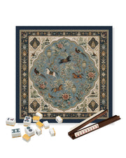 Square mahjong table mat with ornate blue center medallion and decorative border design
